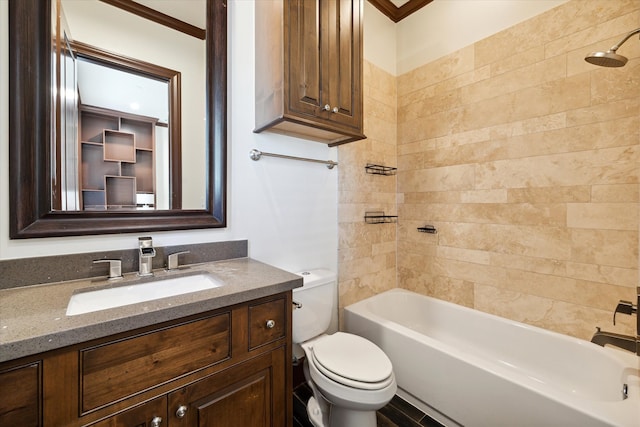 full bathroom with tiled shower / bath combo, toilet, crown molding, and vanity