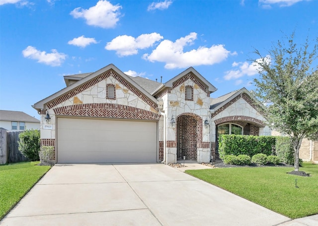 view of front of home with a front yard and a garage