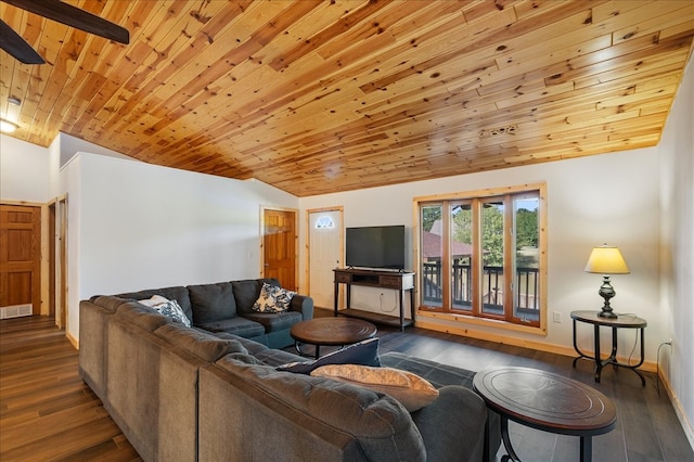 living room featuring dark hardwood / wood-style flooring, wood ceiling, and vaulted ceiling