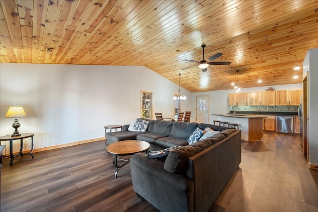 living room featuring dark hardwood / wood-style flooring, wood ceiling, and vaulted ceiling