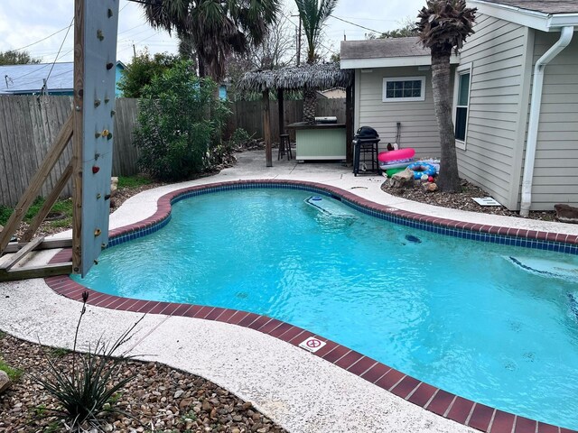 view of pool featuring area for grilling and a patio