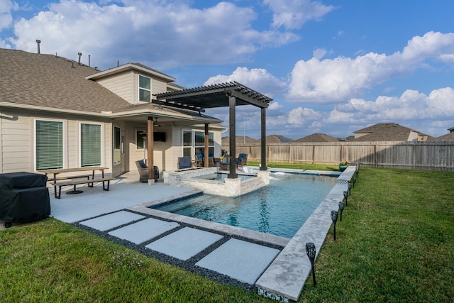 back of house with a lawn, a fenced in pool, a pergola, ceiling fan, and a patio area