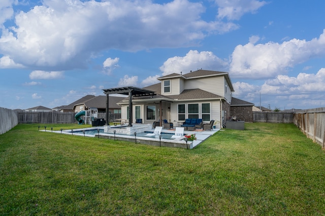 back of property featuring a yard, an outdoor living space, a fenced in pool, and a pergola