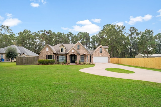 view of front of property featuring a garage and a front lawn