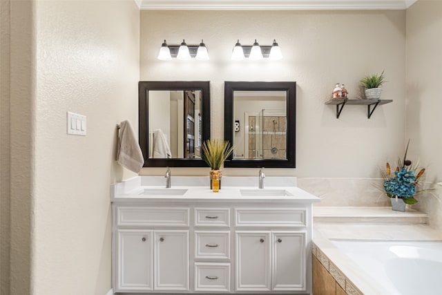 bathroom with shower with separate bathtub and vanity