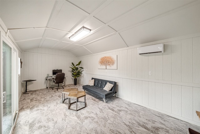 living room featuring a wall unit AC and vaulted ceiling