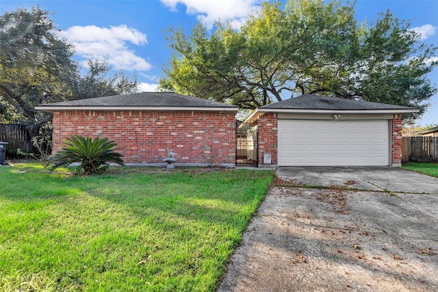 ranch-style house with a garage and a front yard