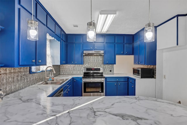 kitchen featuring blue cabinetry, light stone countertops, sink, and appliances with stainless steel finishes