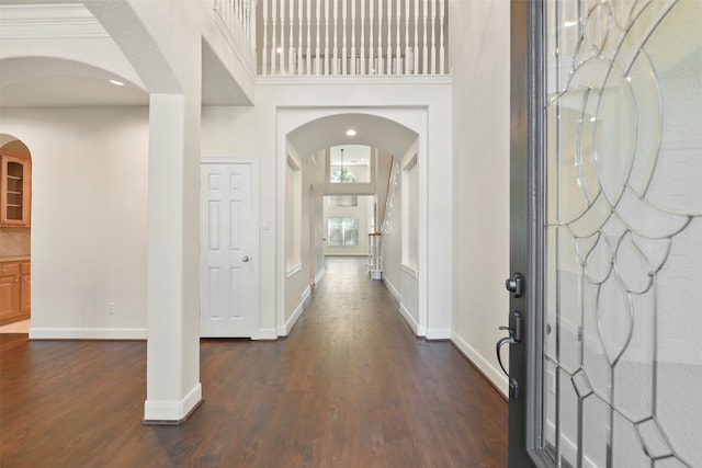 entryway with a high ceiling and dark hardwood / wood-style floors