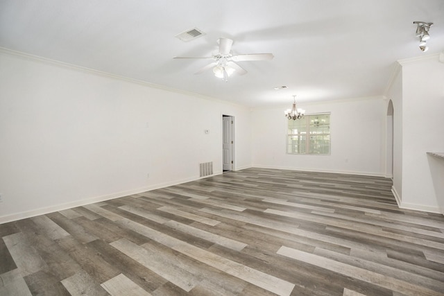 unfurnished room with ceiling fan with notable chandelier, dark wood-type flooring, and crown molding