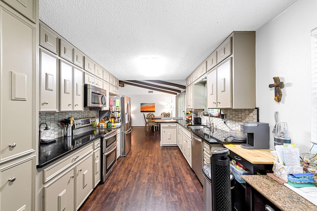 kitchen featuring sink, decorative backsplash, a textured ceiling, appliances with stainless steel finishes, and dark hardwood / wood-style flooring