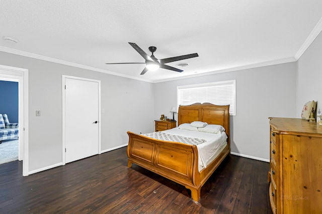 bedroom with dark hardwood / wood-style floors, ceiling fan, and ornamental molding