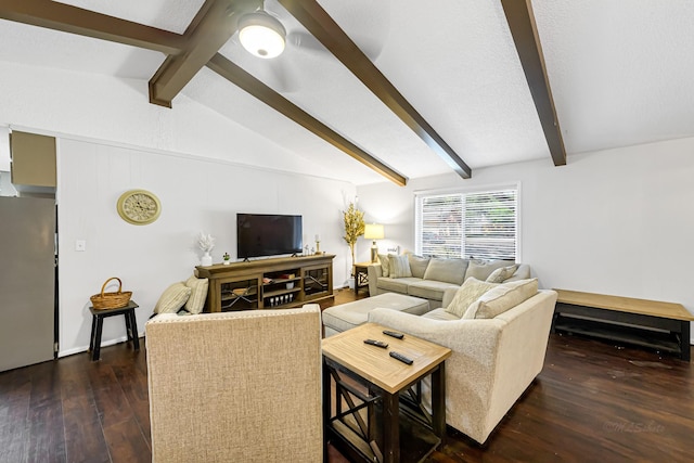 living room with dark wood-type flooring and lofted ceiling with beams