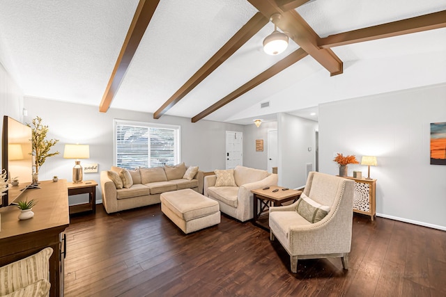 living room featuring lofted ceiling with beams and dark wood-type flooring