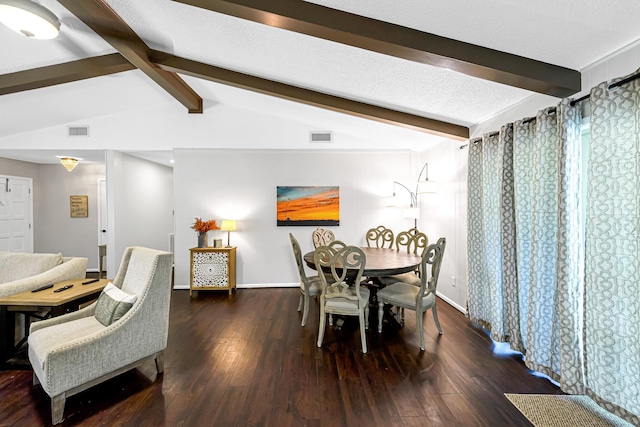 dining space with vaulted ceiling with beams and dark wood-type flooring