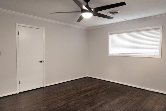 unfurnished room with dark hardwood / wood-style floors, ceiling fan, and crown molding