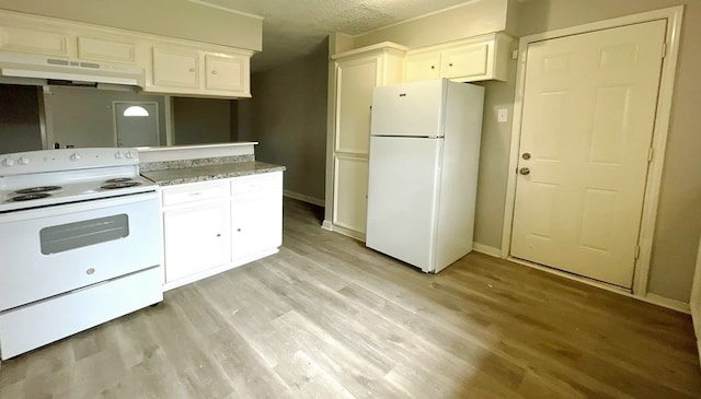 kitchen featuring a textured ceiling, light stone countertops, white cabinetry, light wood-type flooring, and white appliances