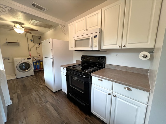 kitchen with dark hardwood / wood-style flooring, washer / clothes dryer, white cabinets, white appliances, and ceiling fan