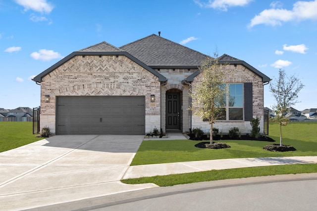 view of front of property featuring a garage and a front lawn