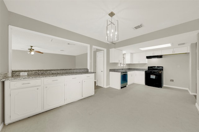 kitchen featuring white cabinetry, ceiling fan with notable chandelier, decorative light fixtures, black stove, and dishwasher