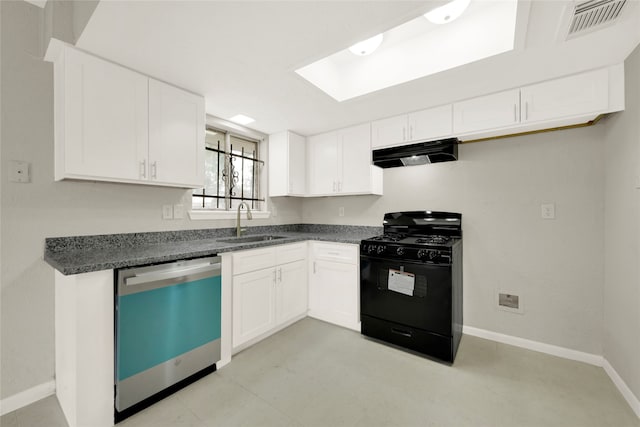 kitchen featuring gas stove, white cabinetry, stainless steel dishwasher, and sink