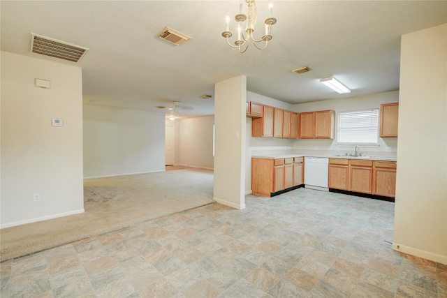 kitchen featuring light carpet, ceiling fan with notable chandelier, white dishwasher, sink, and decorative light fixtures