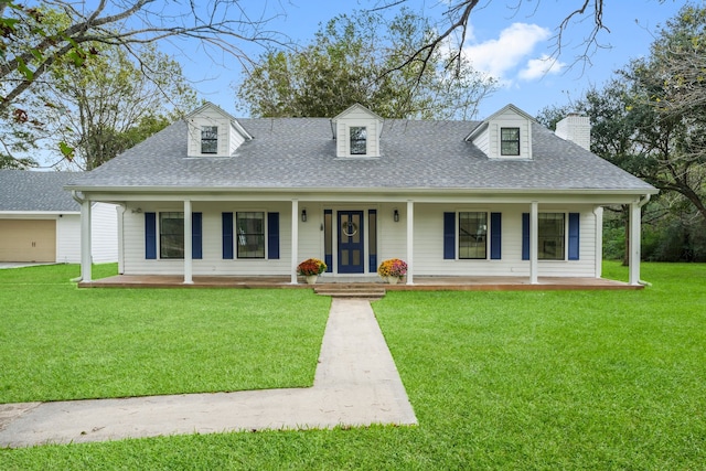 cape cod home with a front yard and covered porch