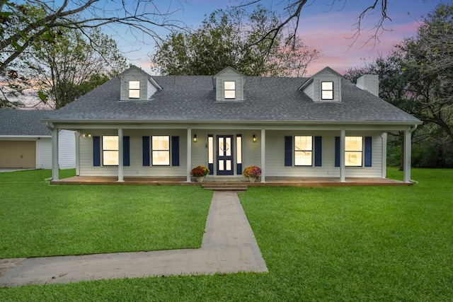 cape cod home with covered porch and a yard