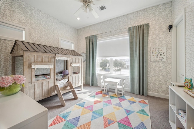 309 W Pierce St, Houston, TX 77019 - bedroom featuring light colored carpet, wallpapered walls, and ceiling fan