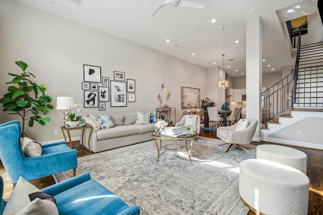 309 W Pierce St, Houston, TX 77019 - living area with stairway, wood finished floors, recessed lighting, baseboards, and ceiling fan