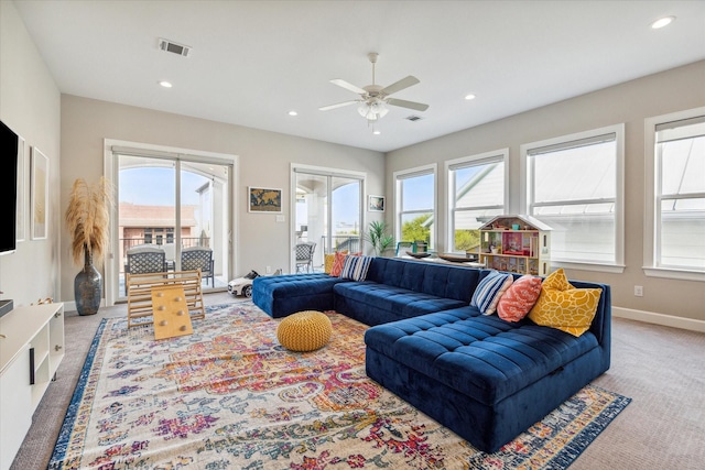 309 W Pierce St, Houston, TX 77019 - carpeted living area with ceiling fan, baseboards, and recessed lighting