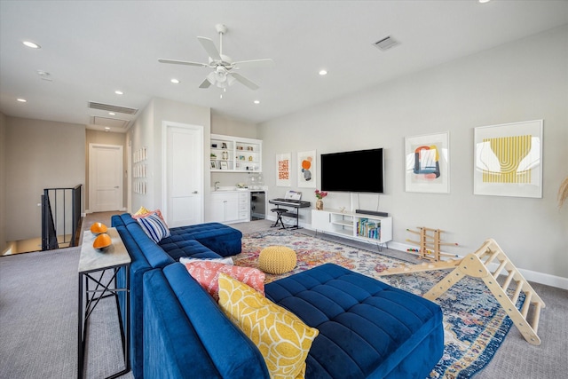 309 W Pierce St, Houston, TX 77019 - living area with carpet, ceiling fan, recessed lighting, attic access, and baseboards