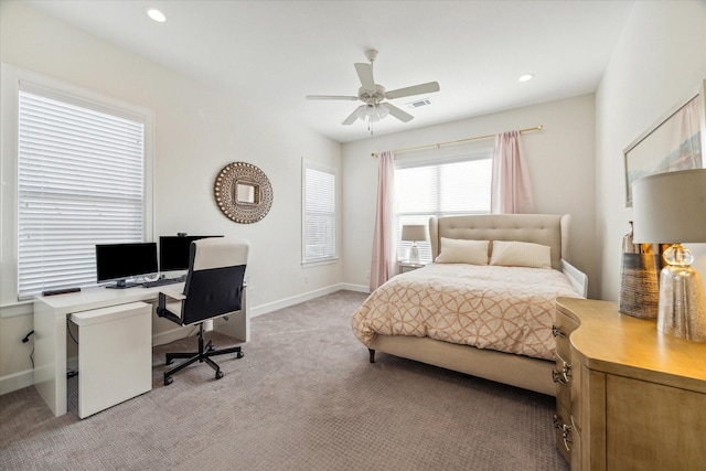 309 W Pierce St, Houston, TX 77019 - bedroom featuring light carpet, a desk, baseboards, a ceiling fan, and recessed lighting