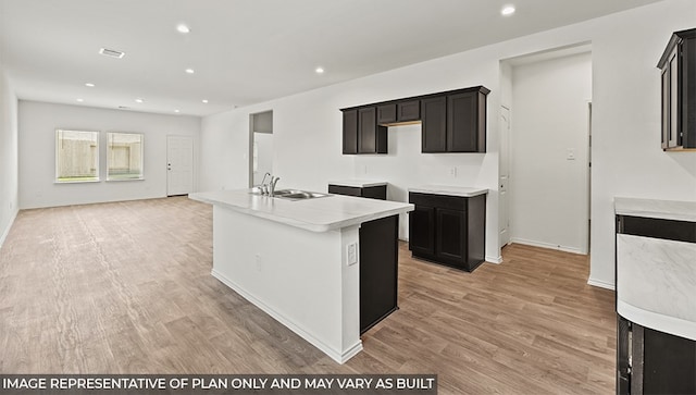 kitchen with light hardwood / wood-style flooring, sink, and an island with sink