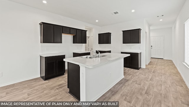 kitchen featuring light hardwood / wood-style floors, sink, and a kitchen island with sink