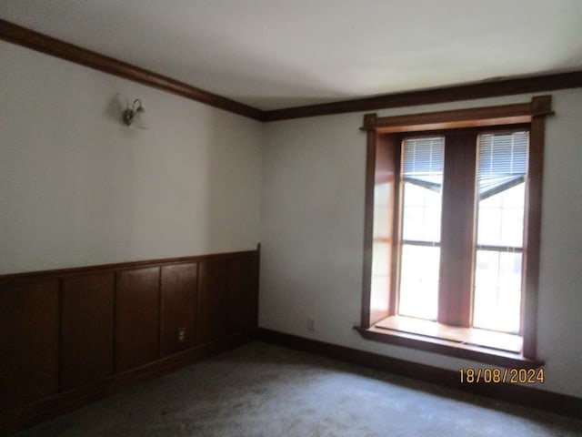 carpeted empty room featuring a wealth of natural light, wood walls, and crown molding