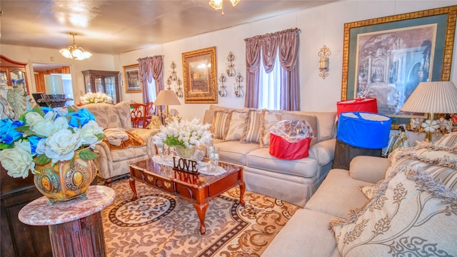 living room featuring an inviting chandelier