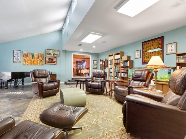 living room with lofted ceiling