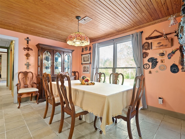 dining area with wooden ceiling and light tile patterned floors