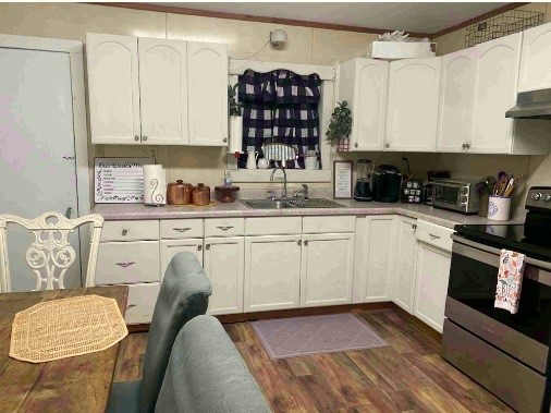 kitchen with white cabinets, dark hardwood / wood-style floors, sink, and electric range