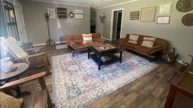 living room with dark hardwood / wood-style floors and crown molding