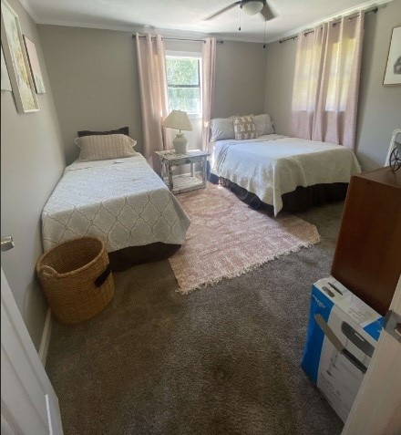 bedroom with carpet floors, ceiling fan, and crown molding