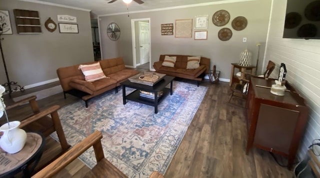 living room with ceiling fan, dark hardwood / wood-style flooring, and ornamental molding