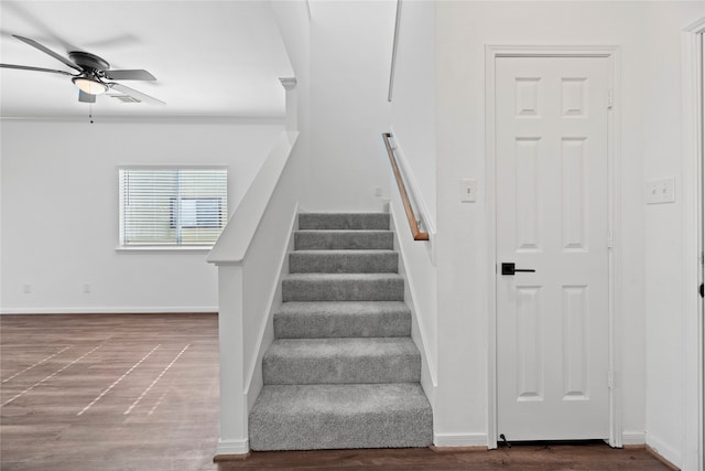 stairs with ornamental molding, hardwood / wood-style flooring, and ceiling fan