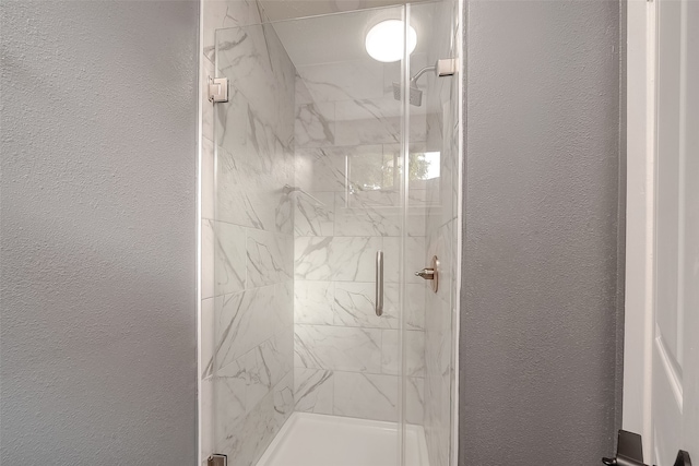 bathroom featuring a shower with shower door