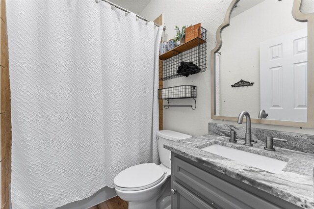 2423 Sandpiper, Crystal Beach, TX 77650 - bathroom featuring toilet, vanity, and a shower with curtain