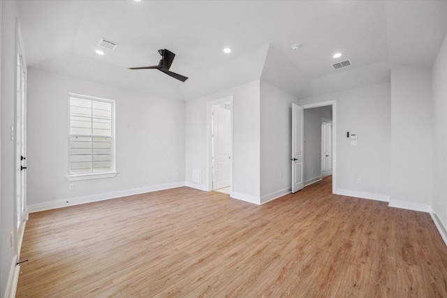 unfurnished room with ceiling fan and light wood-type flooring