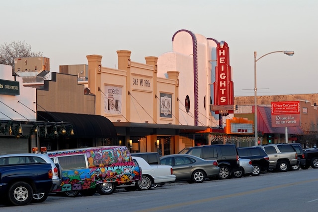 view of outdoor building at dusk