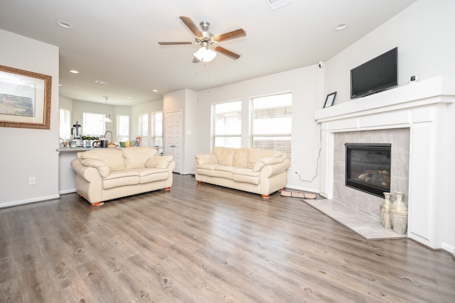 living room featuring wood-type flooring and plenty of natural light