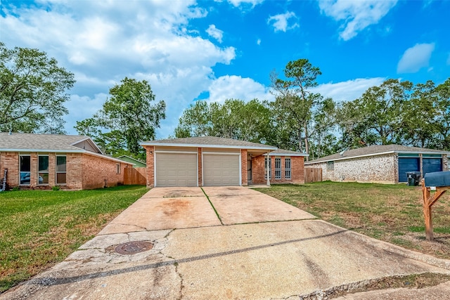 ranch-style home with a garage and a front yard